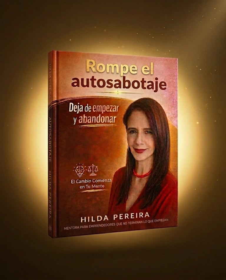 Spanish self-help book cover titled Rompe el autosabotaje by Hilda Pereira with womans portrait on golden background